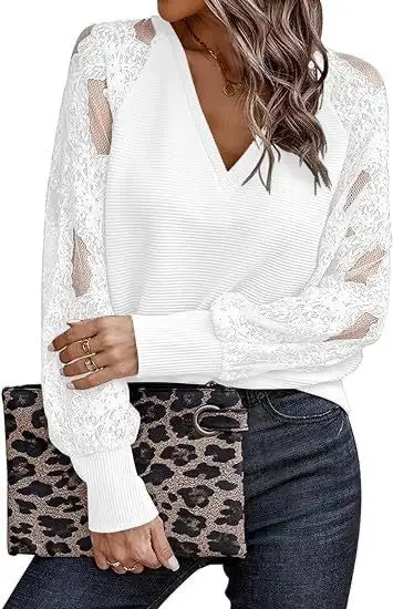 Lace Sleeve V Neck Blouse