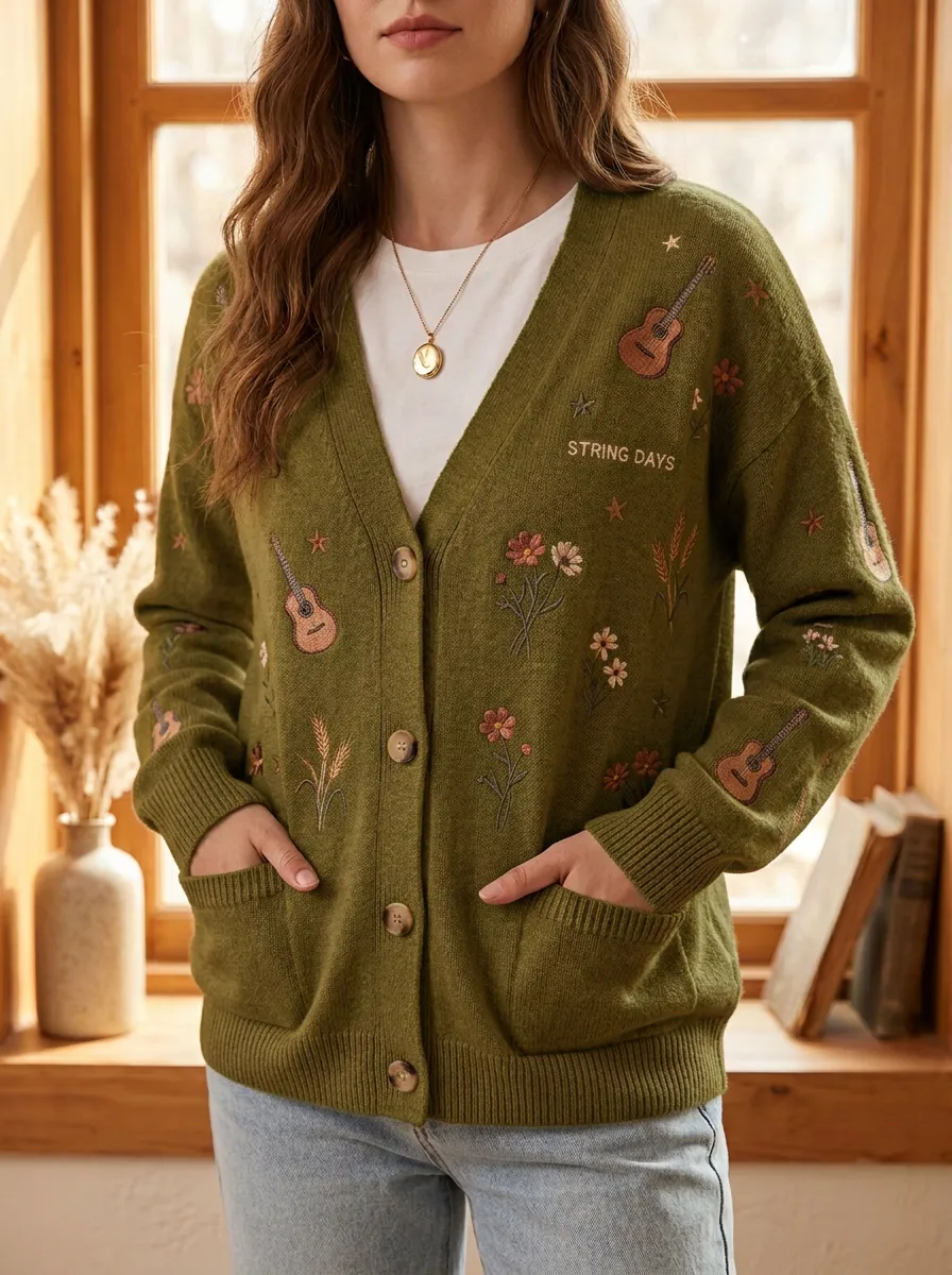 Guitar Floral Embroidered Country Music Cardigan