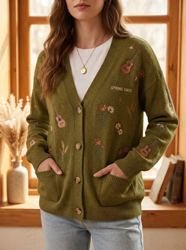 Guitar Floral Embroidered Country Music Cardigan