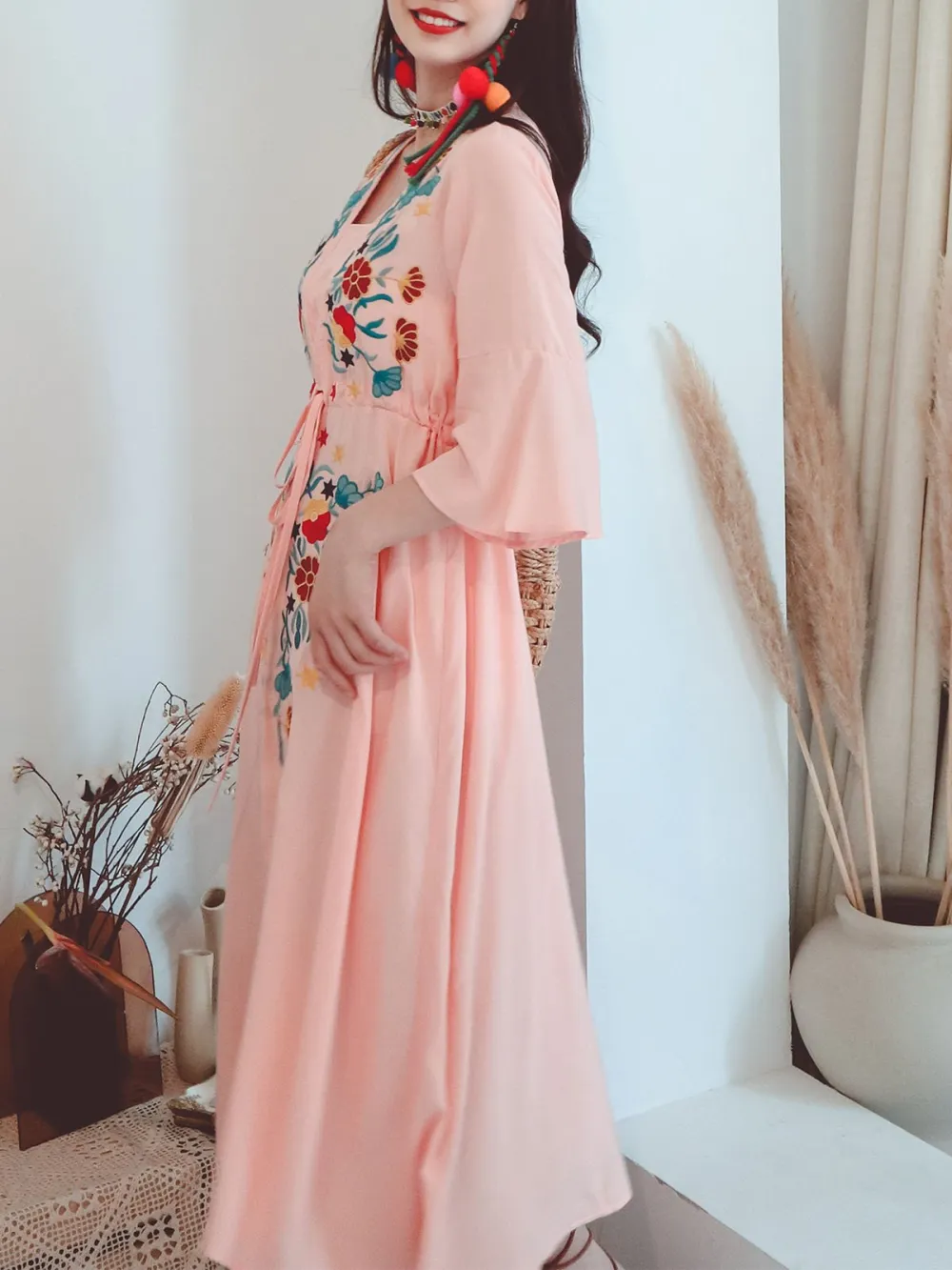 Textured Floral Embroidered Boho Maxi Dress