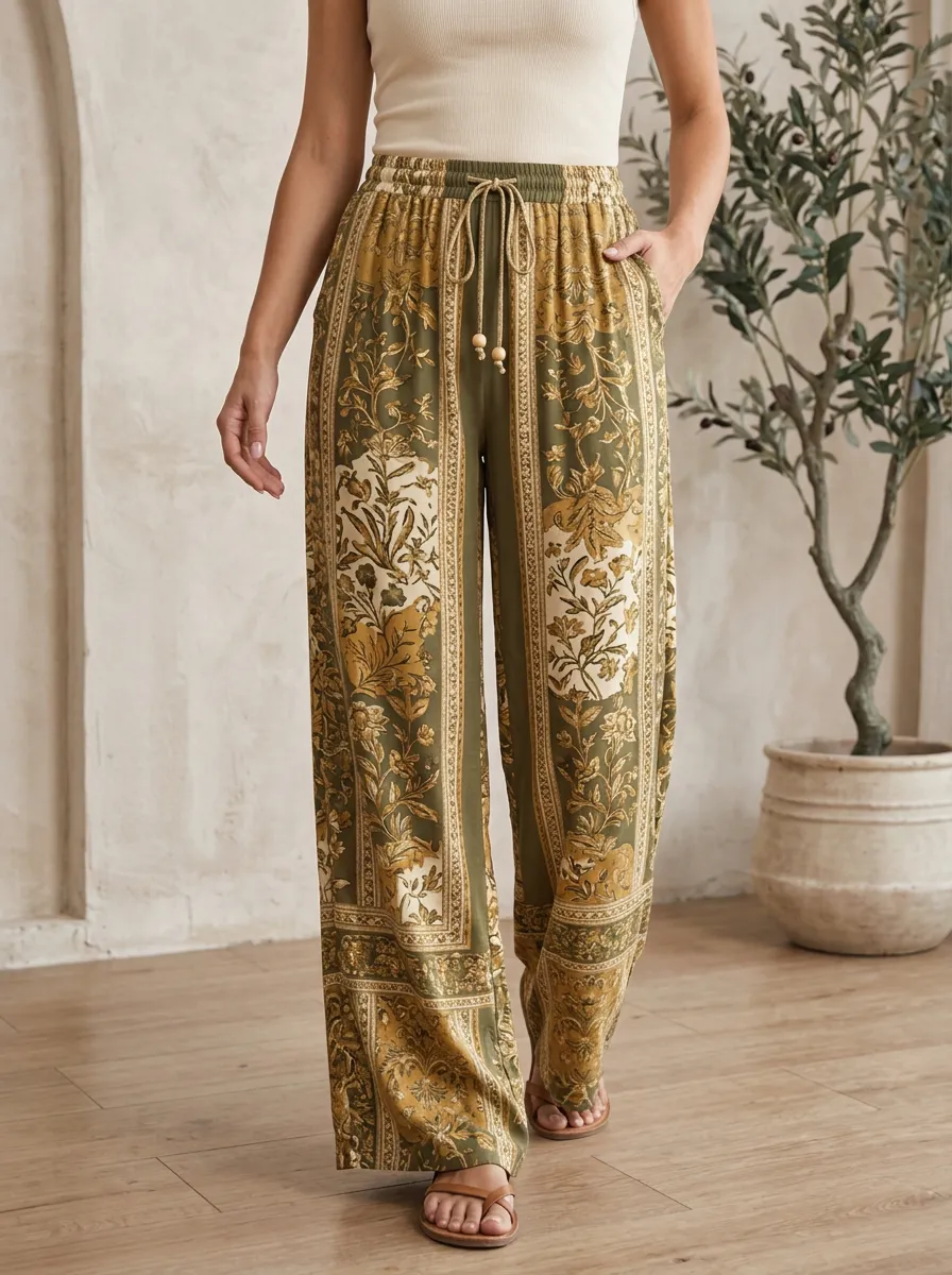 Women's Relaxed Boho Floral Olive Green Printed Wide Leg Pants