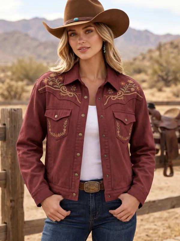 Women's Open Range Inspired Western Cowgirl Floral Embroidery Floral Embroidered Denim Jacket