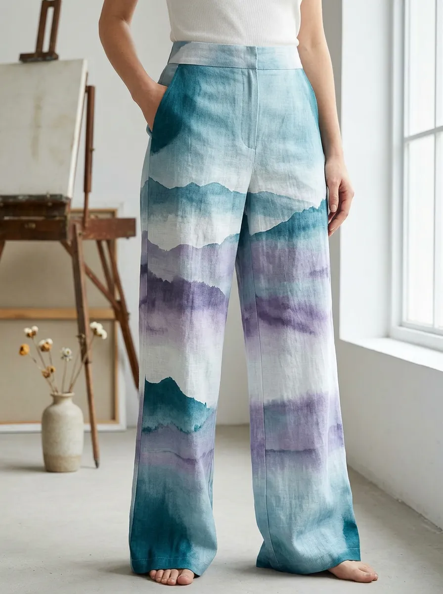 Women's Nature Lover Blue Purple Mountain Landscape Printed Wide Leg Pants