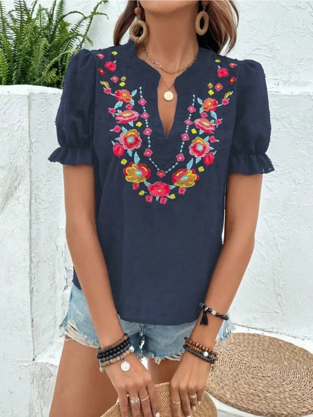Floral Embroidered Puff Sleeve Blouse