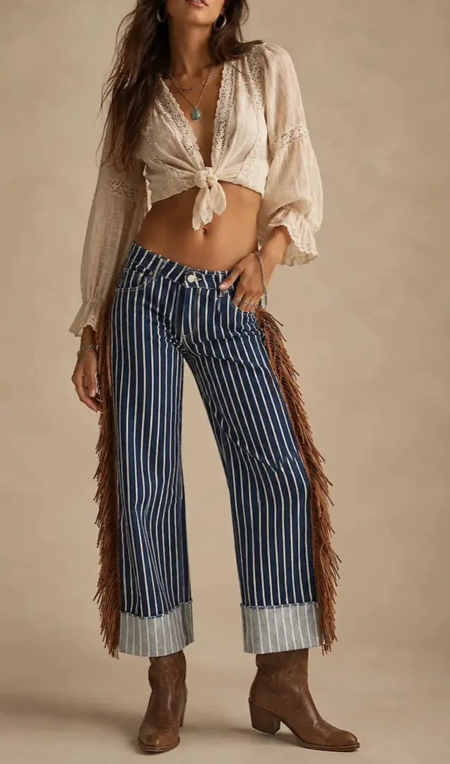 Fringe Detail Wide Leg Cuffed Low Rise Western Style Denim Jeans
