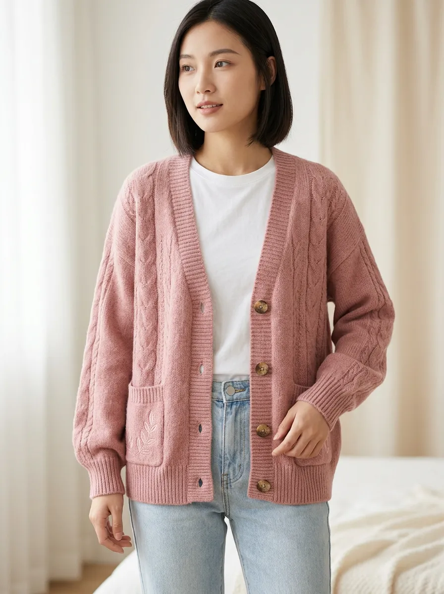 Women's Pink Leaf Embroidery Cable Knit Buttoned Cardigan