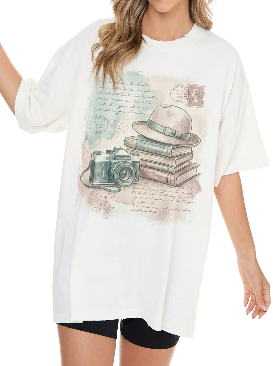 Women's Vintage Travel Photography Books Printed T-shirt