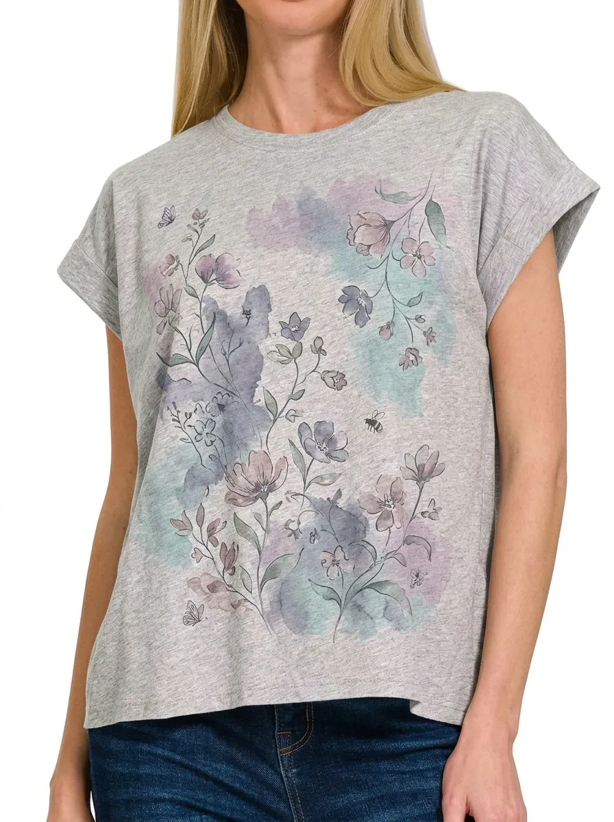 Women's Nature Lover Watercolor Floral Bee Printed T-shirt