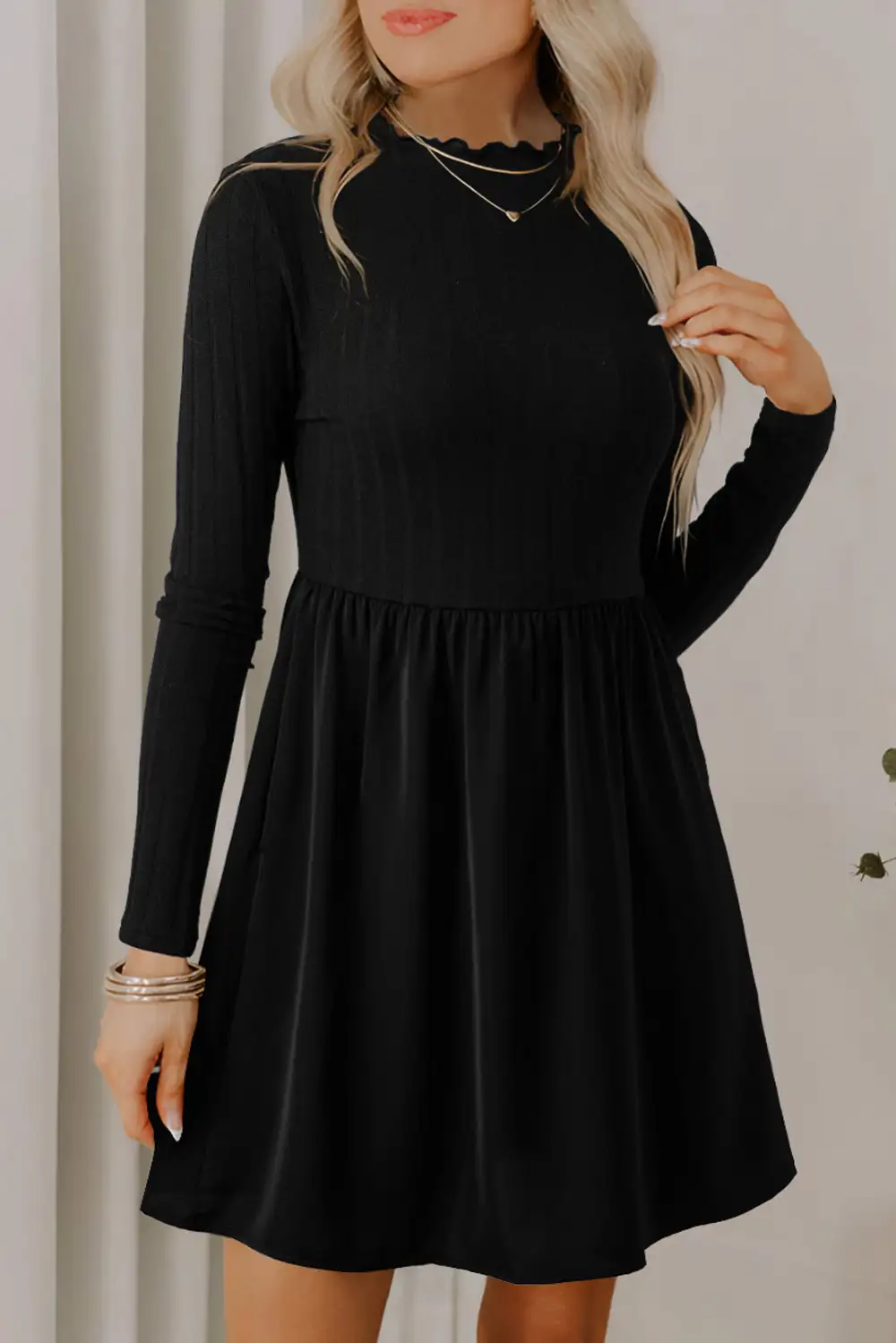Frilled Neck Ribbed Knit Patchwork Long Sleeve Mini Dress