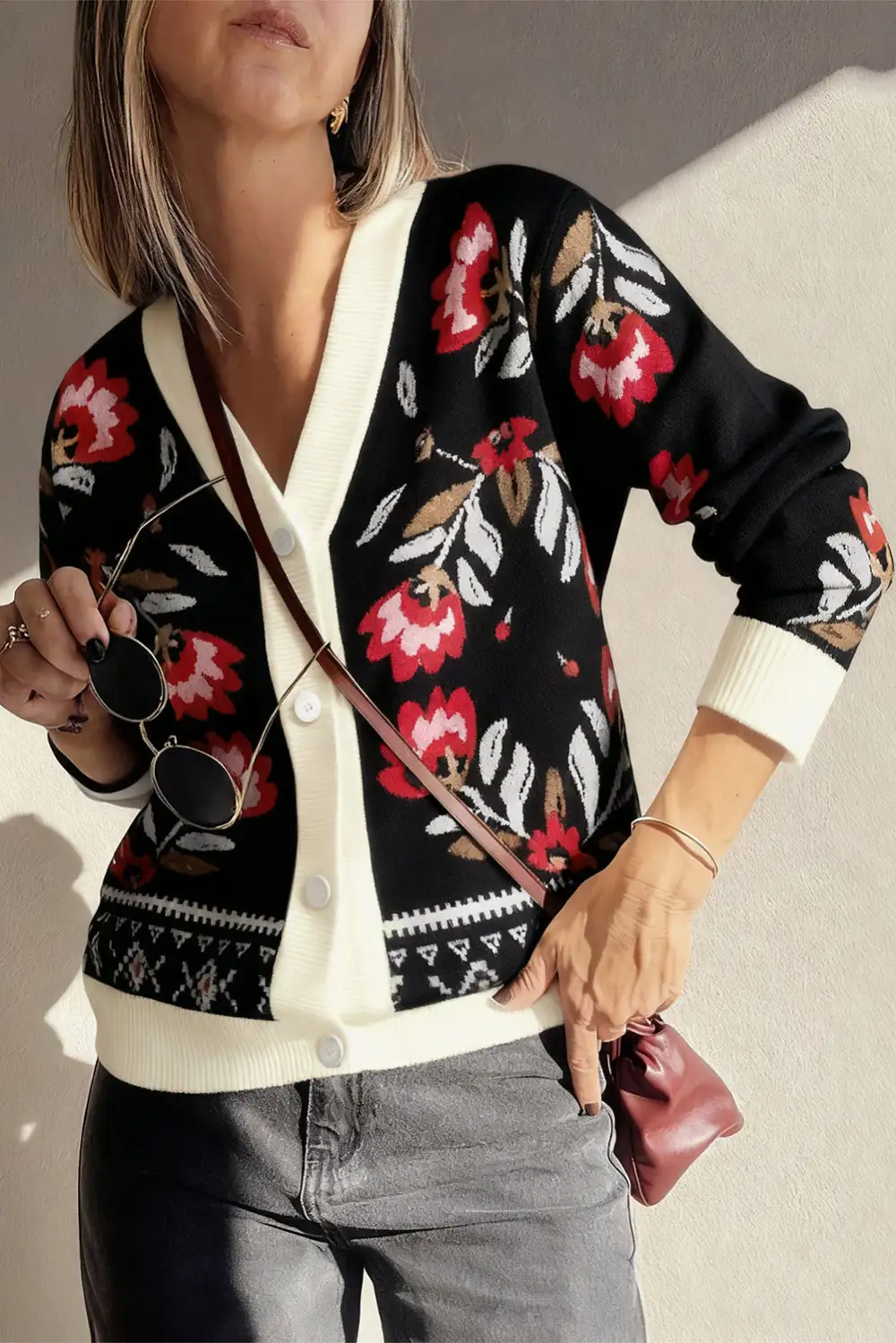 Floral Print Button Front V Neck Knit Cardigan