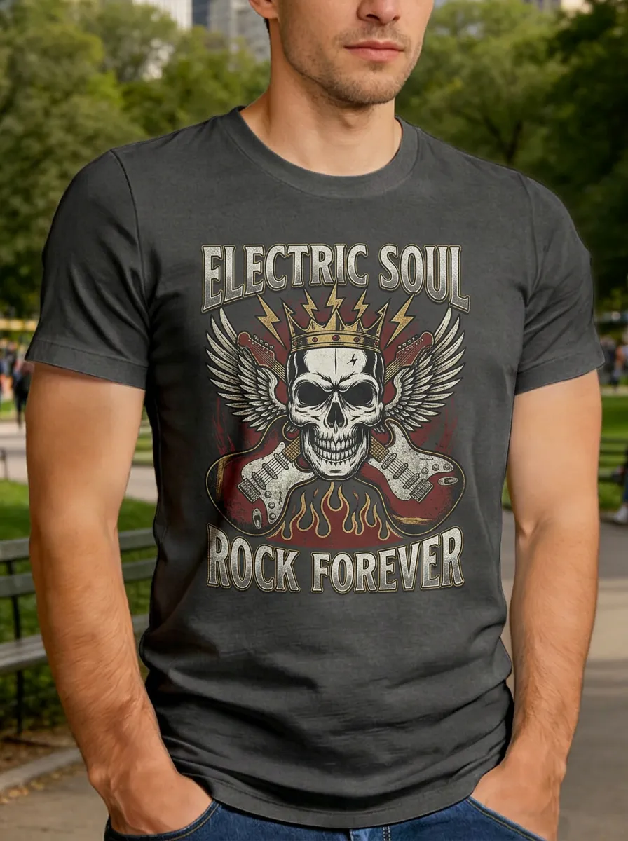 Men's Rock Music Lover Winged Skull Guitar Printed T-shirt