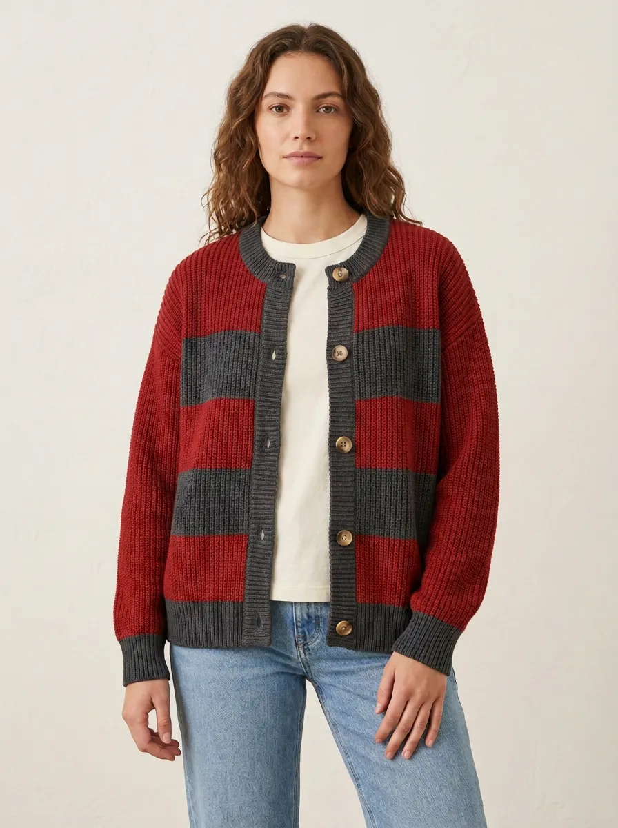 Relaxed Layering Distinctive Rugby Striped Knit Cardigan
