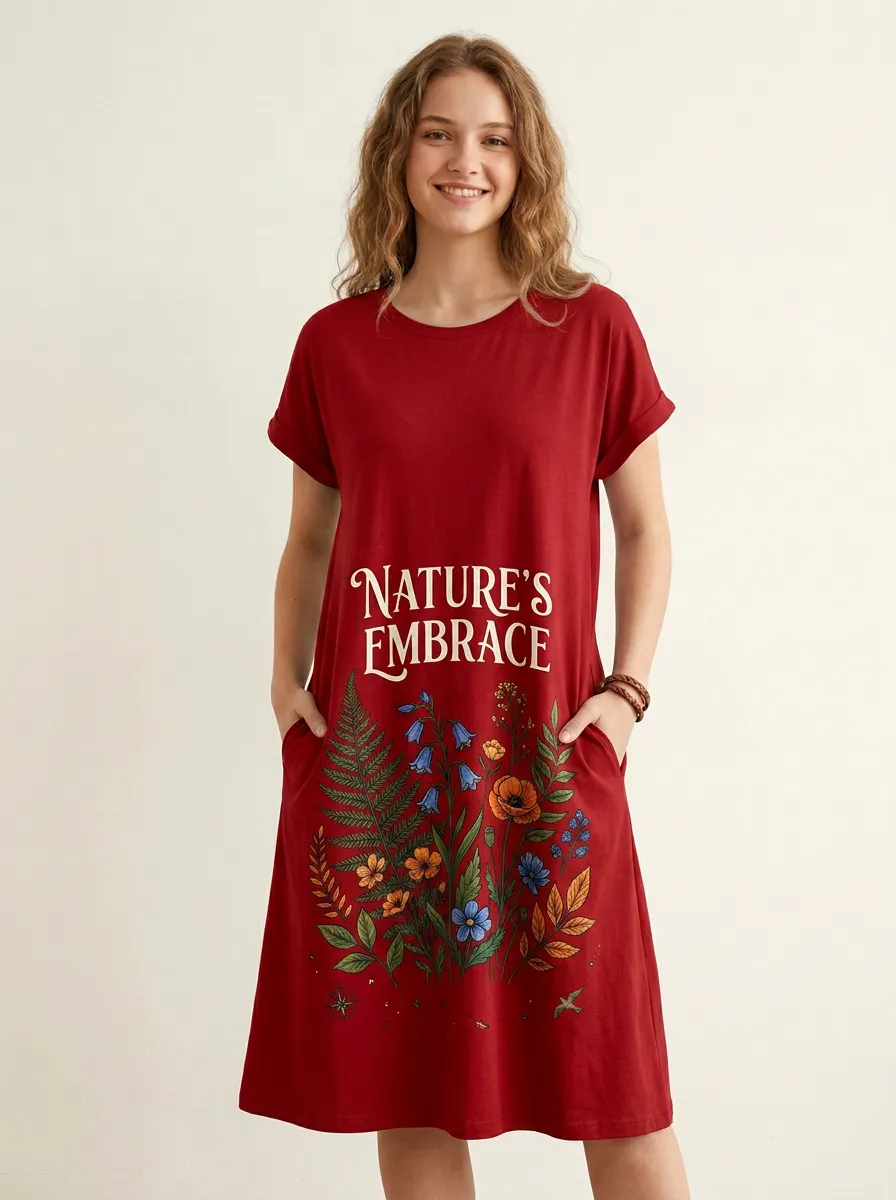 Women's Nature Lover Wildflower Fern Printed T-shirt Dress