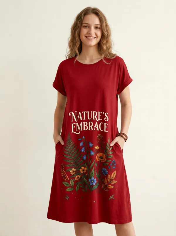 Women's Nature Lover Wildflower Fern Printed T-shirt Dress