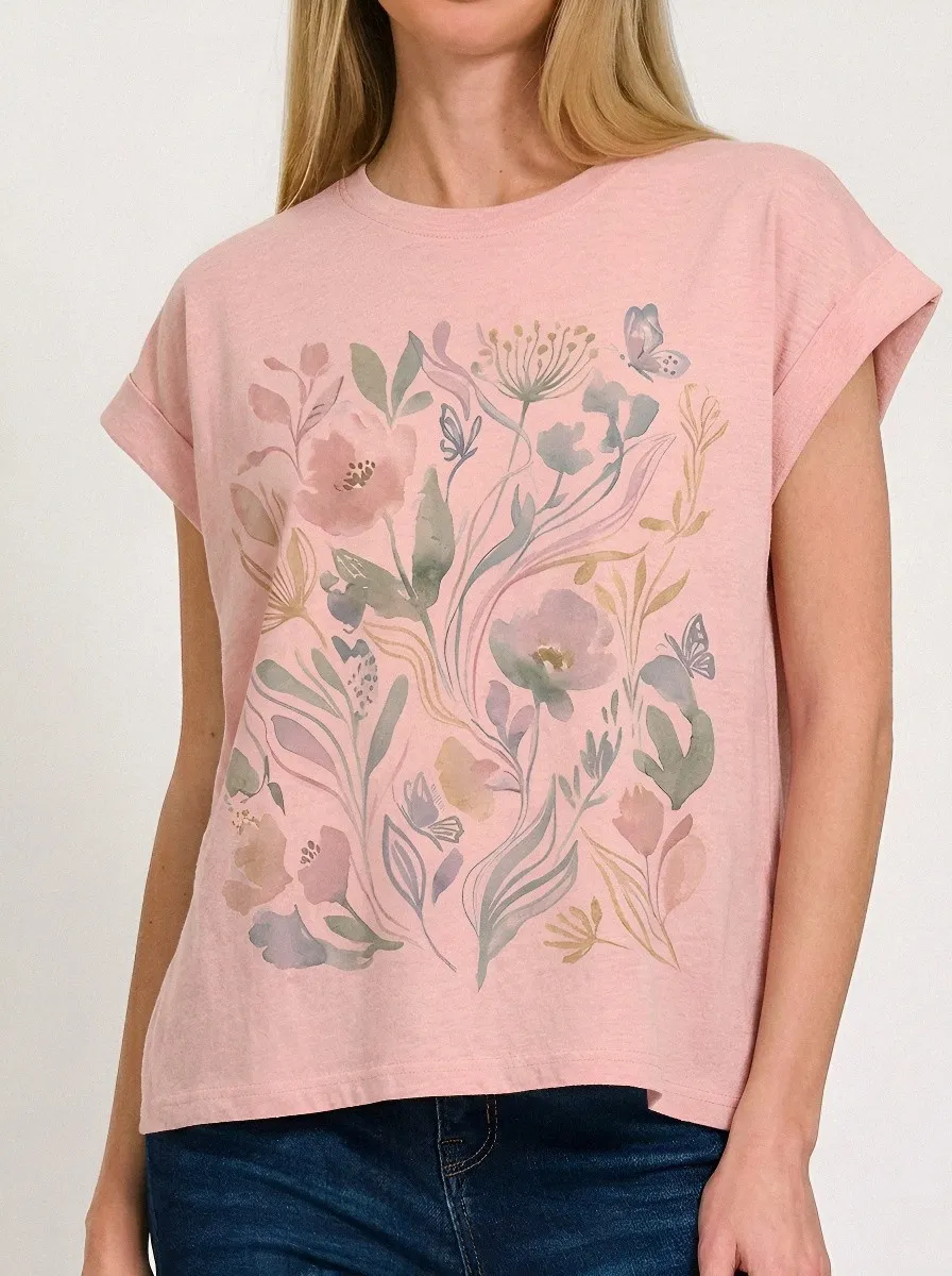 Women's Botanical Nature Lover Watercolor Floral Butterfly Printed T-shirt