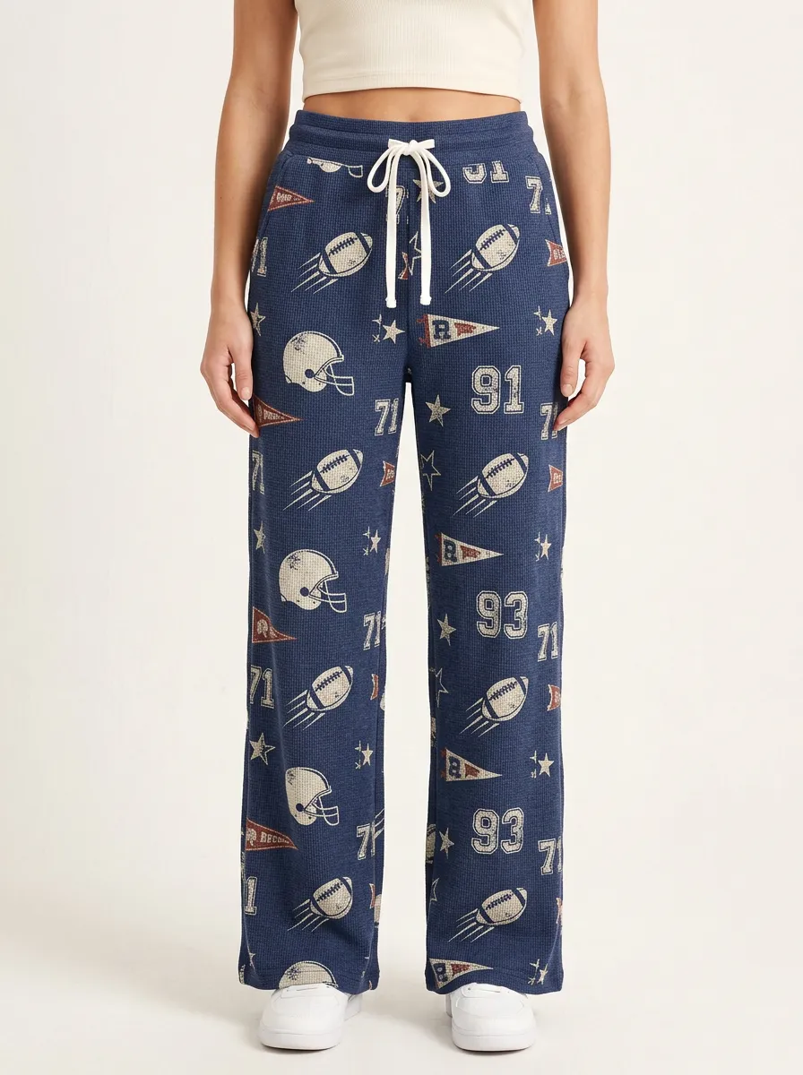 Women's Football Fan Helmet Pennant Number Printed Waffle Pants