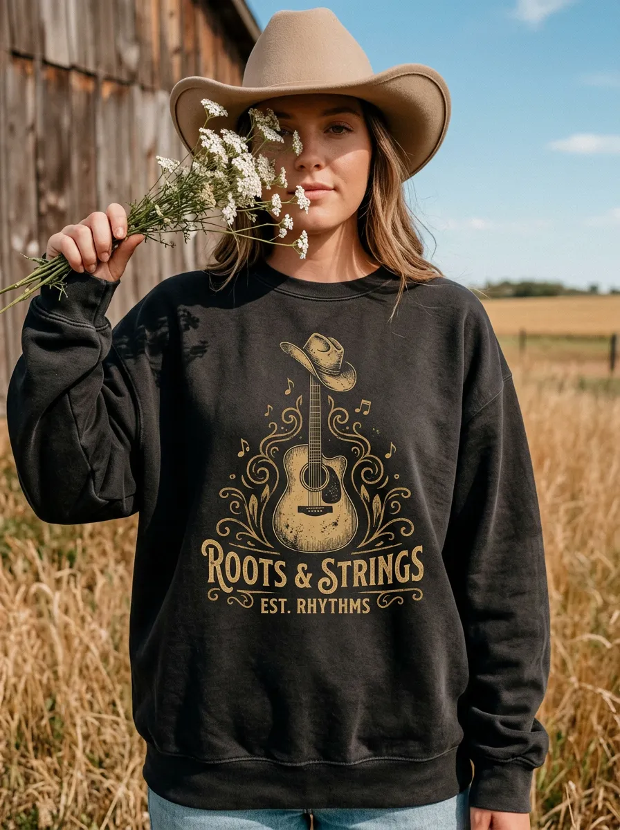 Western Music Cowboy Hat Guitar Design Crewneck Sweatshirt