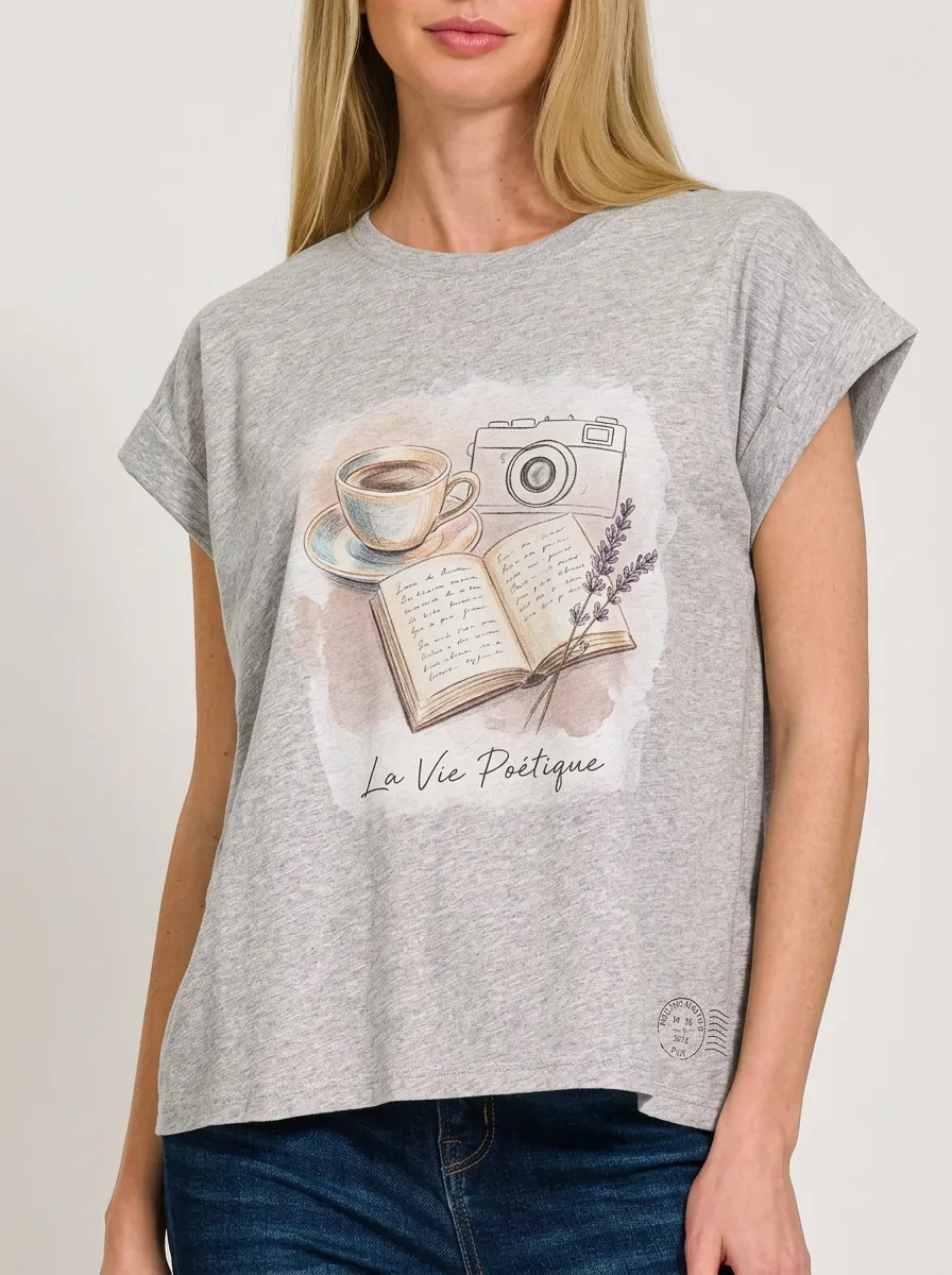 Women's Coffee Book Camera La Vie Poetique Printed T-shirt