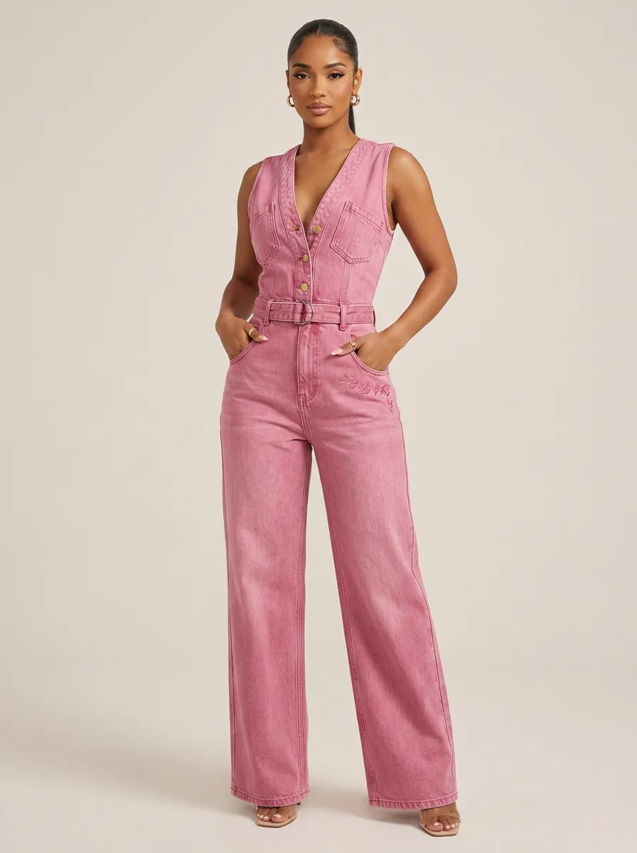 Pink Everyday Floral Embroidered Sleeveless Denim Jumpsuit