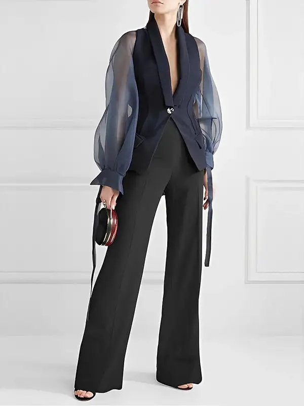 Relaxed Puff Sleeve See Through Split Lapel Blazer