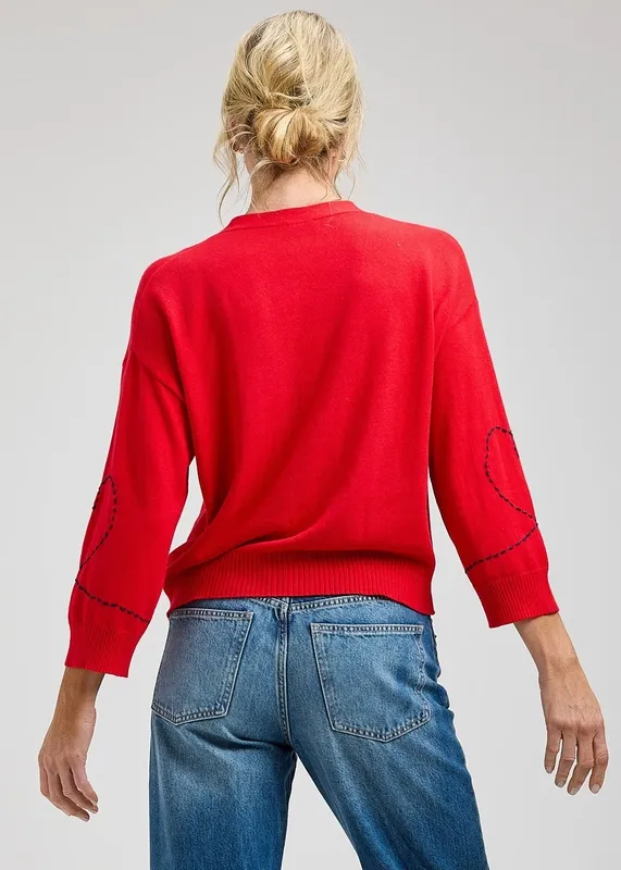 Cotton Cashmere Embroidered V-Neck Cardigan Red