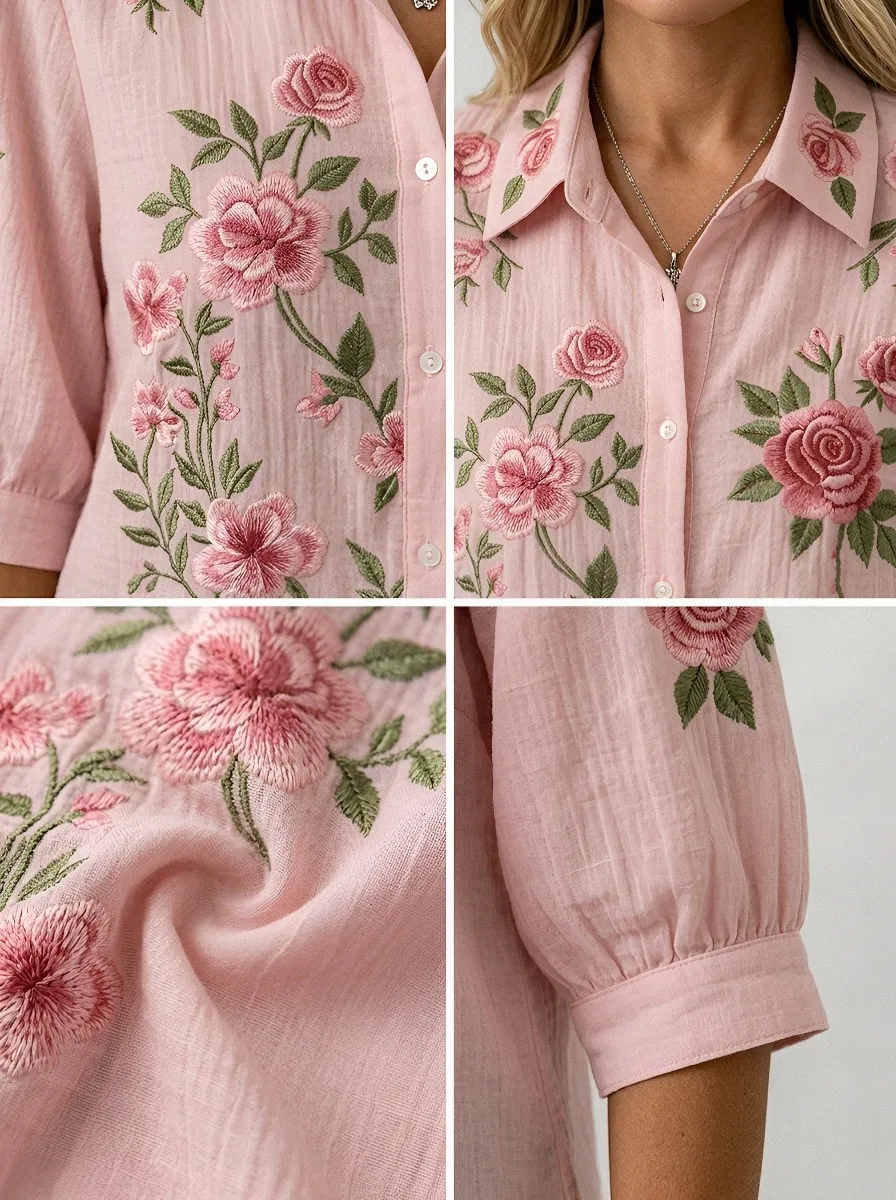 Women's Breast Cancer Awareness Pink Rose Floral Embroidered Button-up Shirt