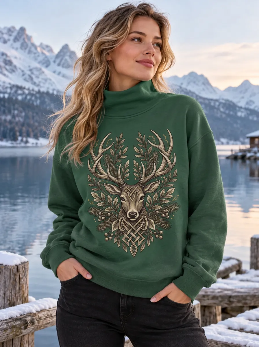Women's Viking-Inspired Deer Floral Knot Mock-Neck Sweatshirt