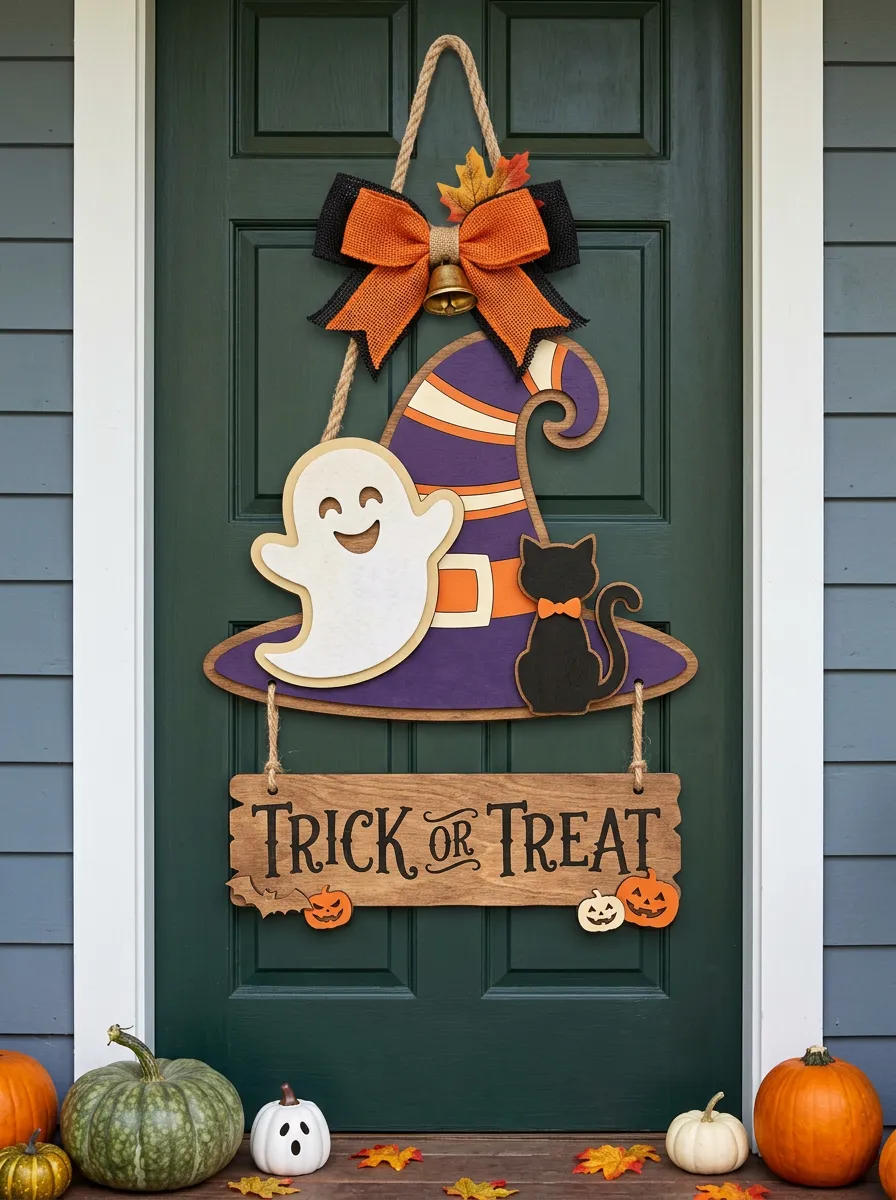 Halloween Ghost Cat Trick or Treat Wooden Door Hanger