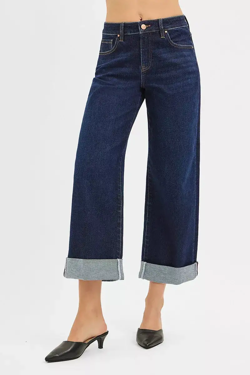 Mid Rise Fit Ankle Wide Roll Up Jeans