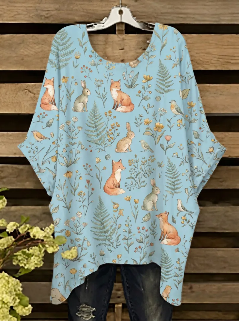 Bird Fox Rabbit Women's Loose Printed T-Shirt
