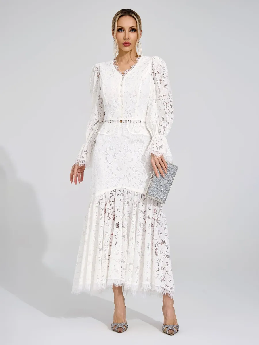 Clementine White Lace Maxi Skirt Set