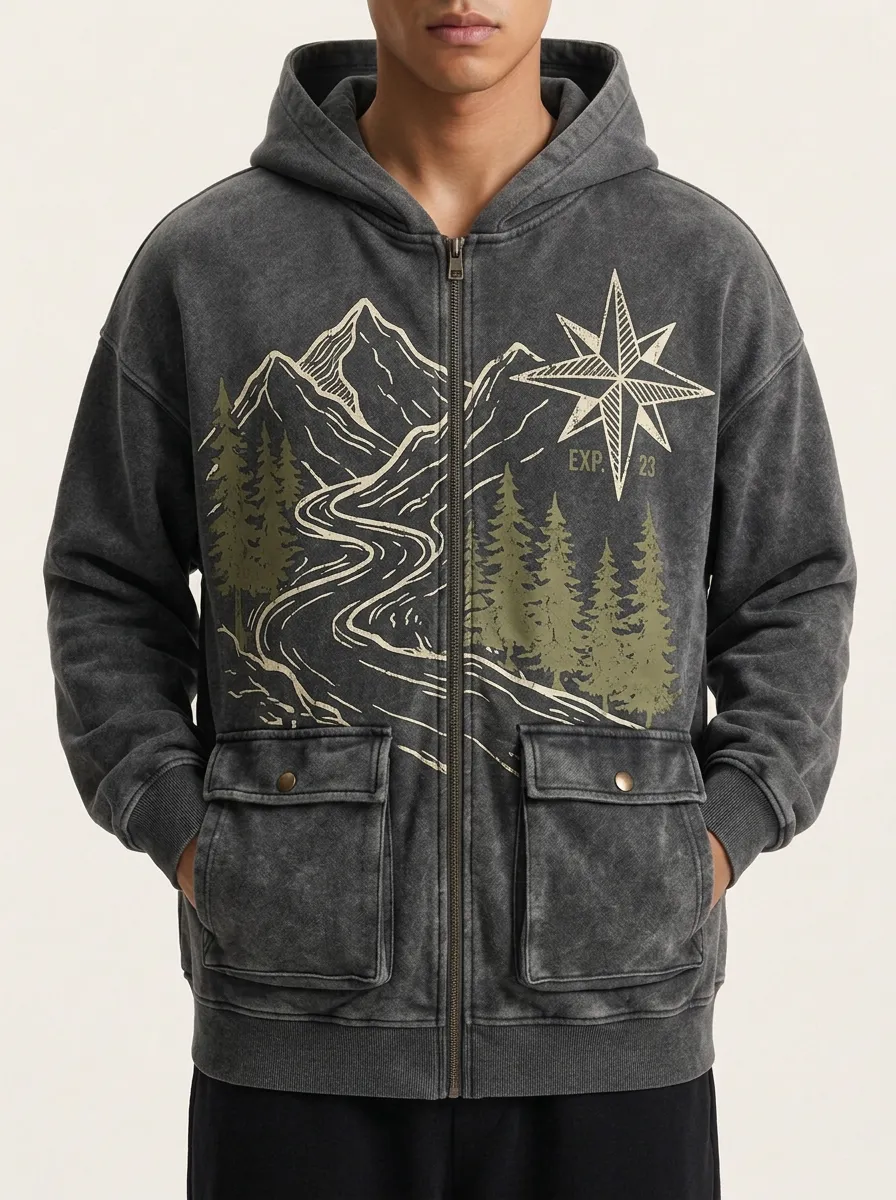 Men's Chest Graphic Outdoor Adventure Mountain Compass Zip-Up Hoodie