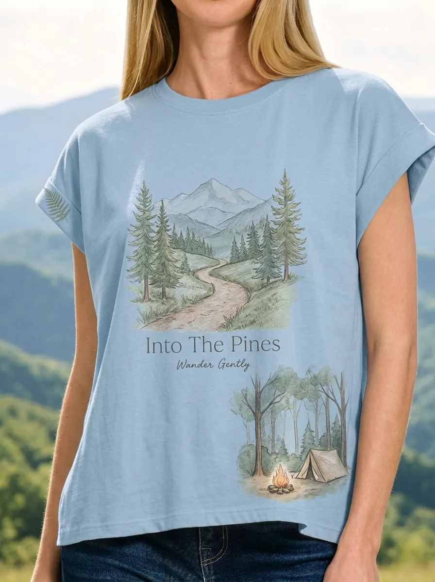 Women's Nature Camping Mountain Pine Forest Printed T-shirt