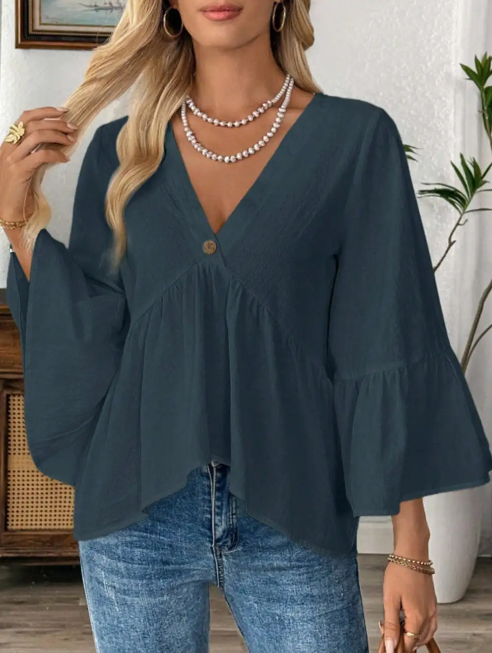 V Neck Ruffle Sleeve Cotton Blouse