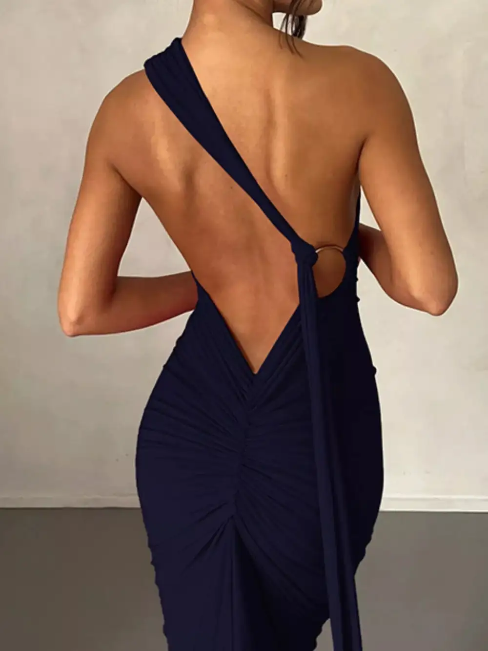 Backless One Shoulder Ruched Bodycon Maxi Dress
