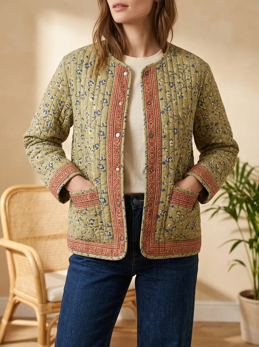 Women's Vintage Floral Pattern Quilted Printed Jacket