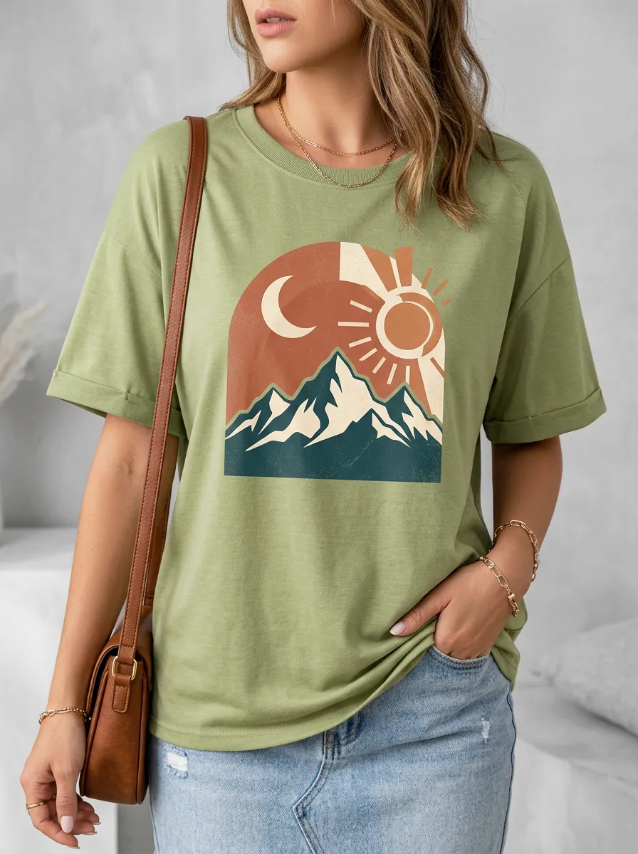 Women's Mountain Sun Moon Printed T-Shirt