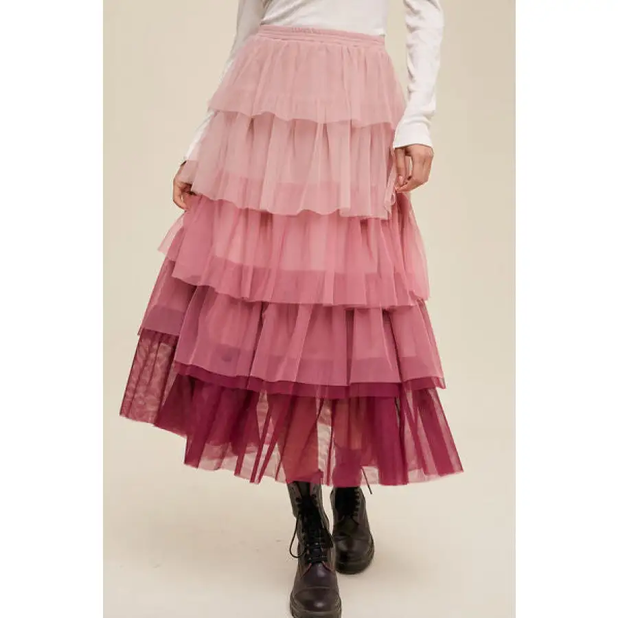 Elastic Waist Layered Tulle Midi Skirt