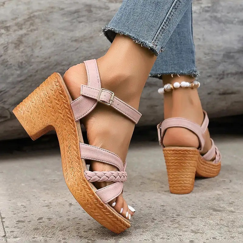 Braided Platform Ankle Strap Heeled Sandals