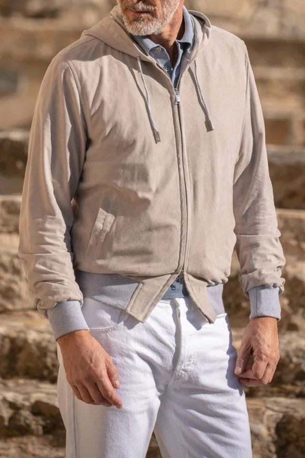 Stone Suede Hooded Bomber Jacket