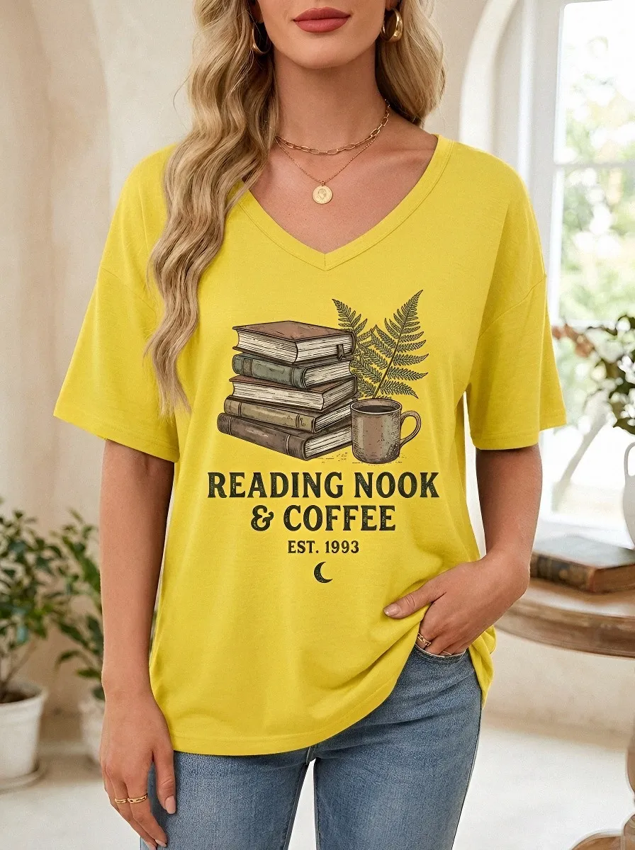 Women's Book Lover Reading Nook Coffee Fern Printed T-shirt