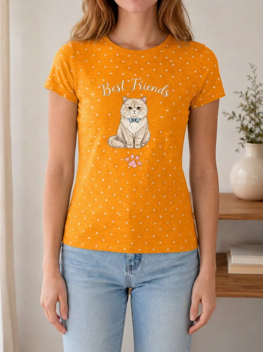 Women's Cat Lover Best Friends Bowtie Polka Dot Printed T-shirt