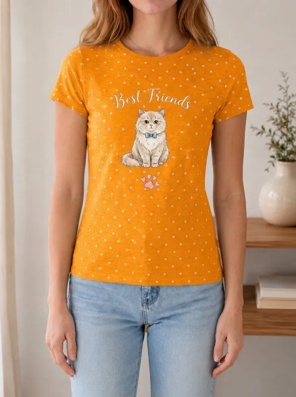 Women's Cat Lover Best Friends Bowtie Polka Dot Printed T-shirt