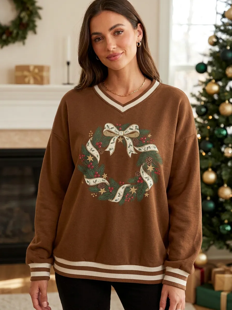 Christmas Holiday Wreath Bow Pinecone Print Sweatshirt
