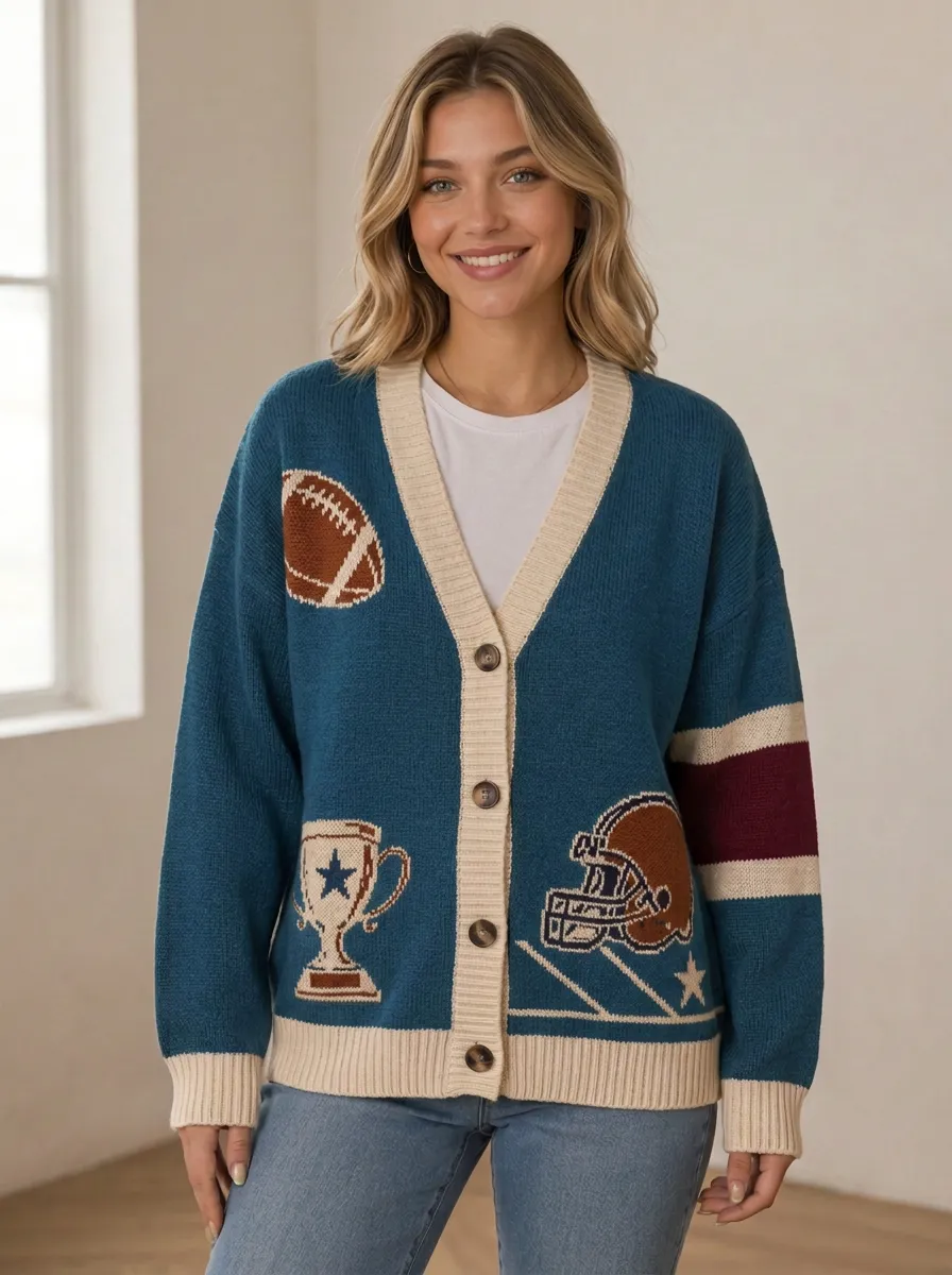 Women's Football Forest Green Graphic Intarsia Knit Cardigan
