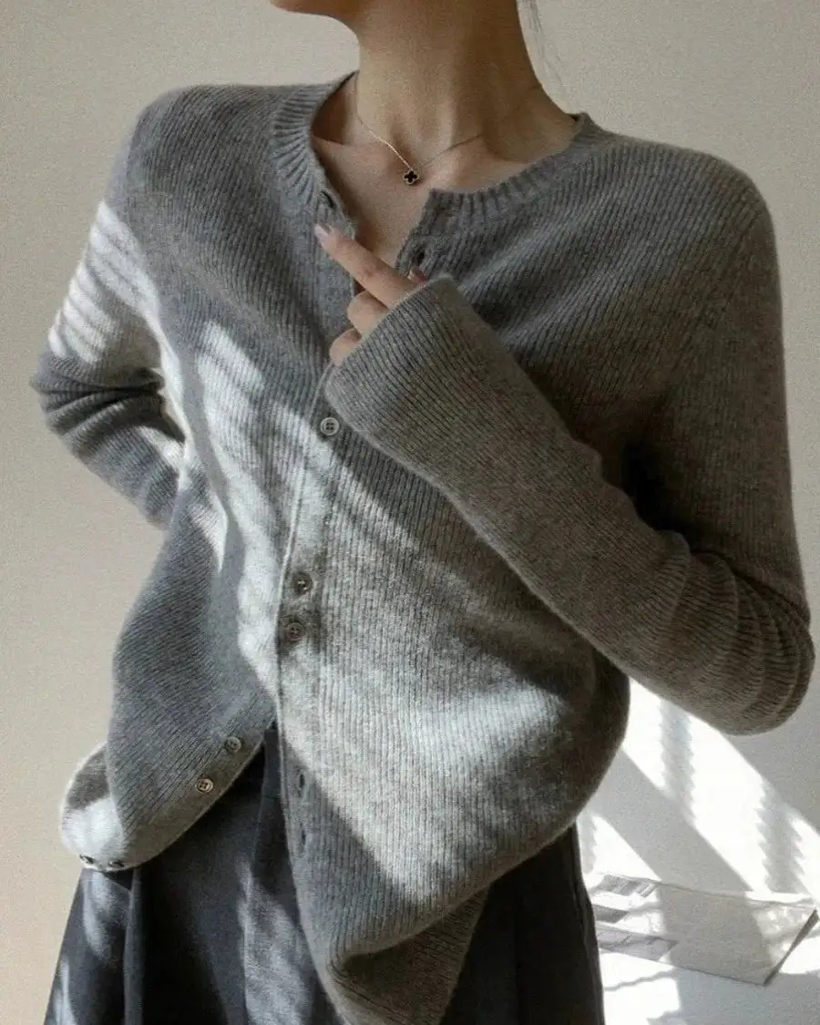 Modern Wool Button-Front Round-Neck Cardigan