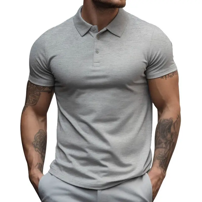 Men's Athletic Fitted Pique Polo Shirt Short-sleeved With Hidden Button Placket
