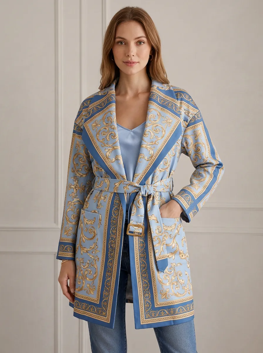 Women's Baroque Style Blue Gold Printed Belted Jacket