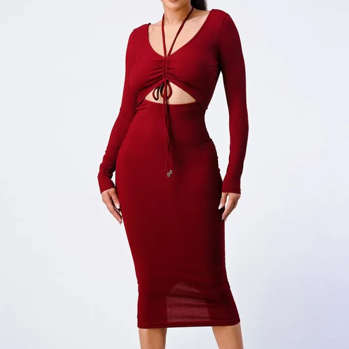 Trendy Front Shirring Cut-out Long Sleeved Dress