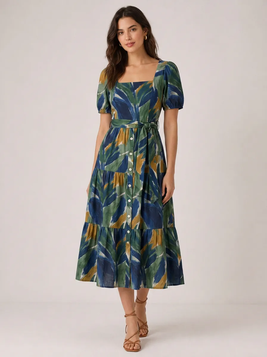 Women's Boho Style Abstract Leaf Printed Square Neck Midi Dress